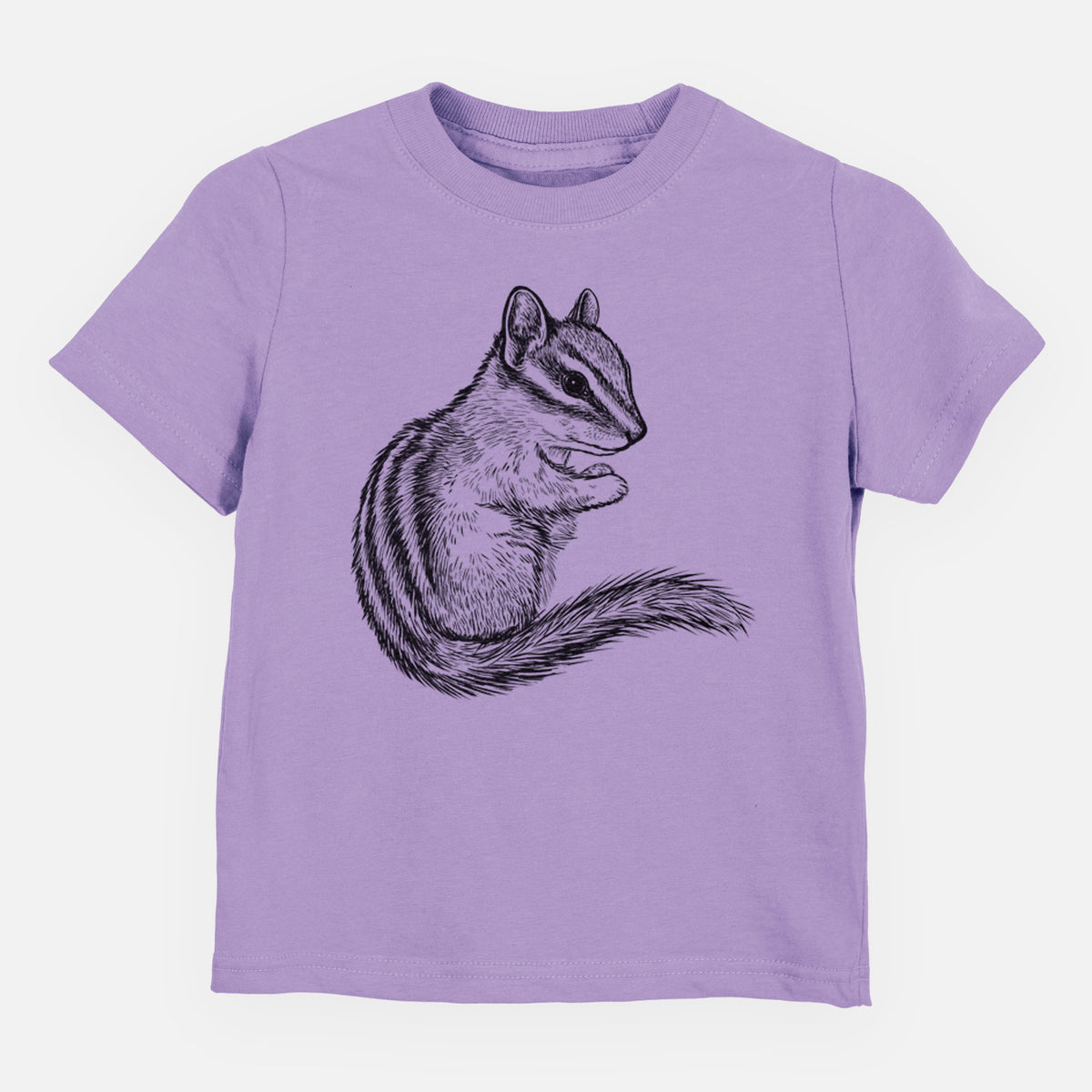 Lavender toddler t-shirt laid flat, printed with a detailed black ink illustration of a least chipmunk sitting and holding food in its paws.