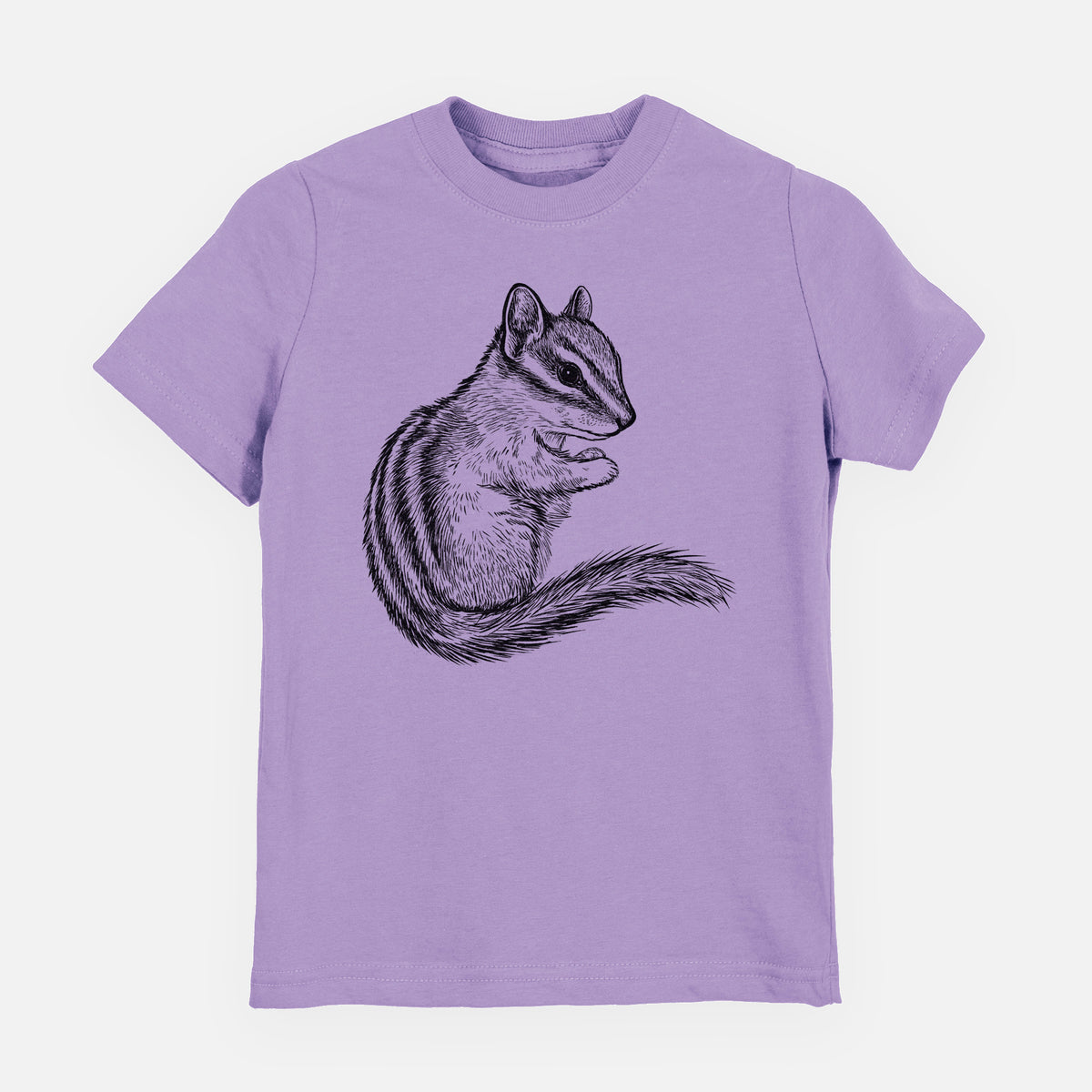 Lavender youth t-shirt laid flat, printed with a detailed black ink illustration of a least chipmunk sitting and holding food in its paws.