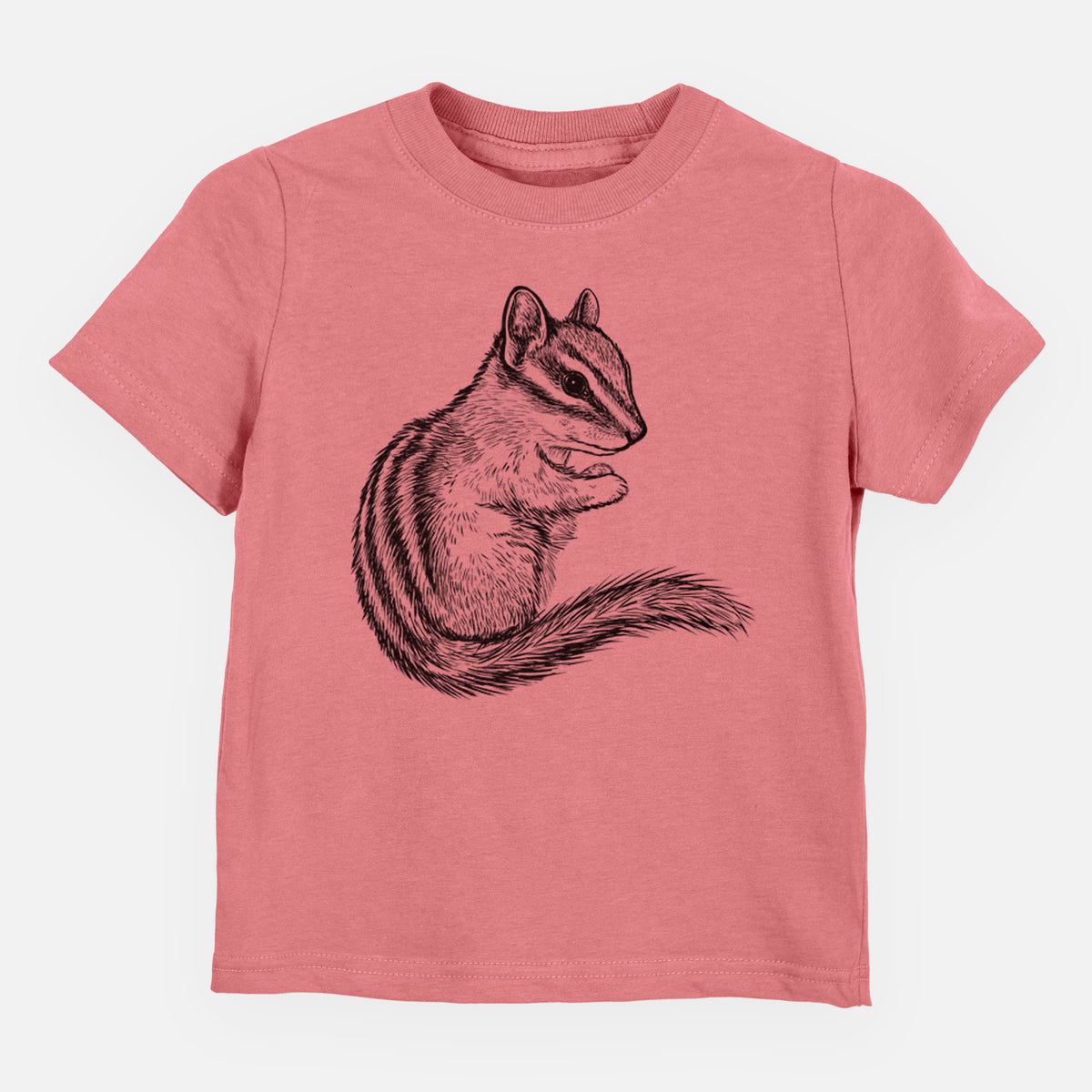 Mauve pink toddler t-shirt laid flat, printed with a detailed black ink illustration of a least chipmunk sitting and holding food in its paws.