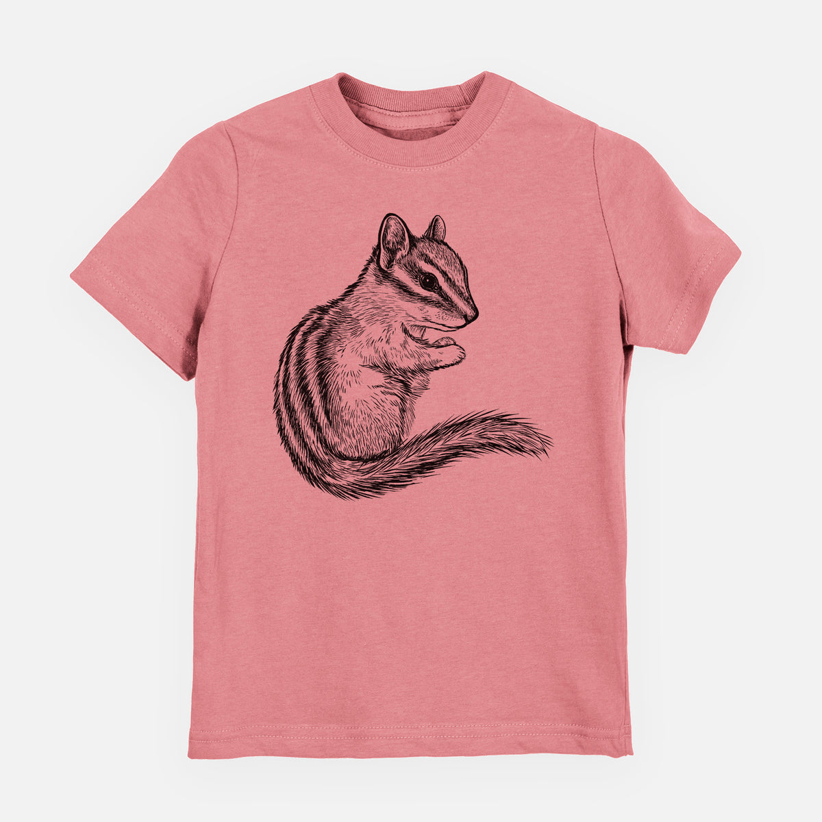 Mauve pink youth t-shirt laid flat, printed with a detailed black ink illustration of a least chipmunk sitting and holding food in its paws.
