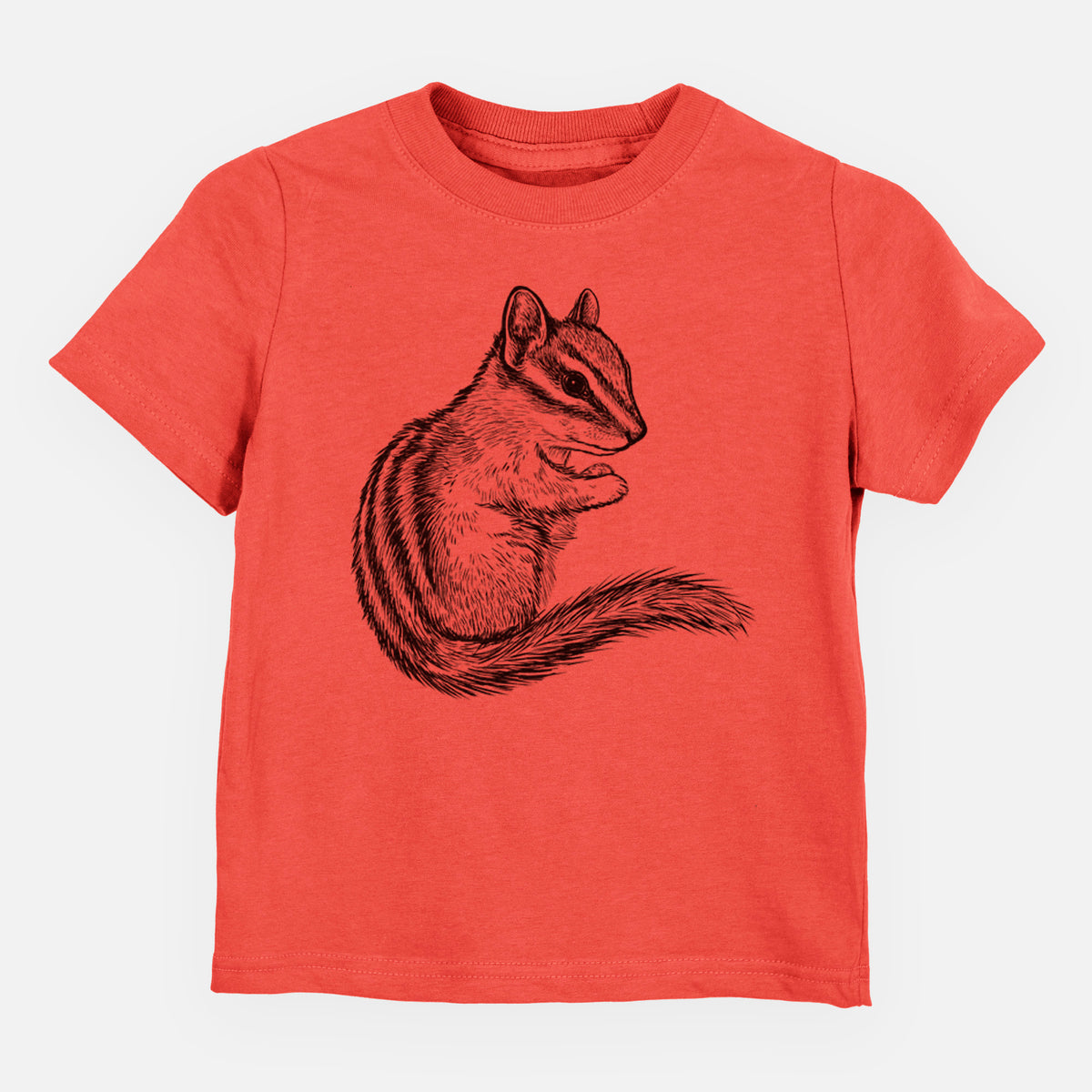 Passionfruit pink toddler t-shirt laid flat, printed with a detailed black ink illustration of a least chipmunk sitting and holding food in its paws.