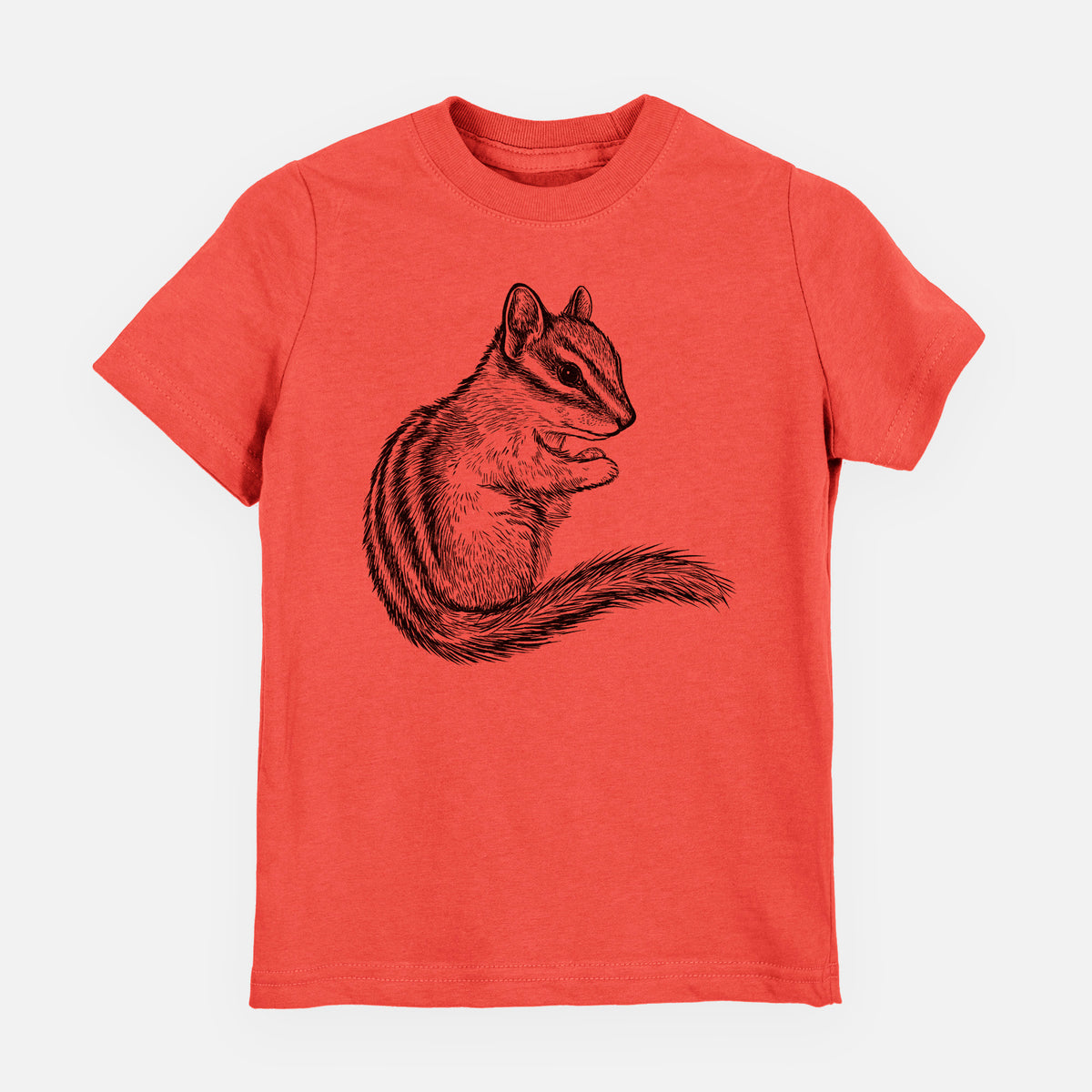 Passionfruit pink youth t-shirt laid flat, printed with a detailed black ink illustration of a least chipmunk sitting and holding food in its paws.