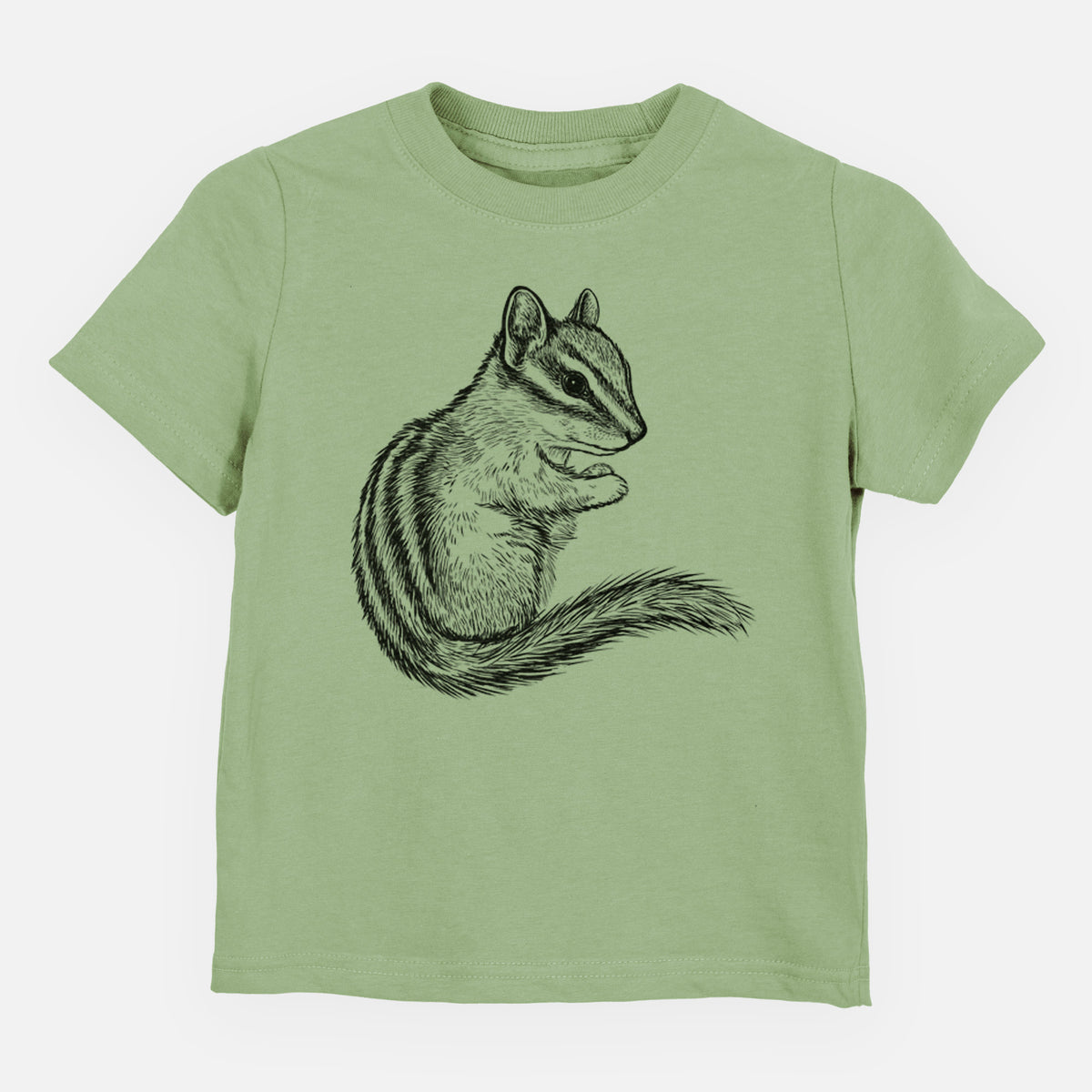 Sage green toddler t-shirt laid flat, printed with a detailed black ink illustration of a least chipmunk sitting and holding food in its paws.