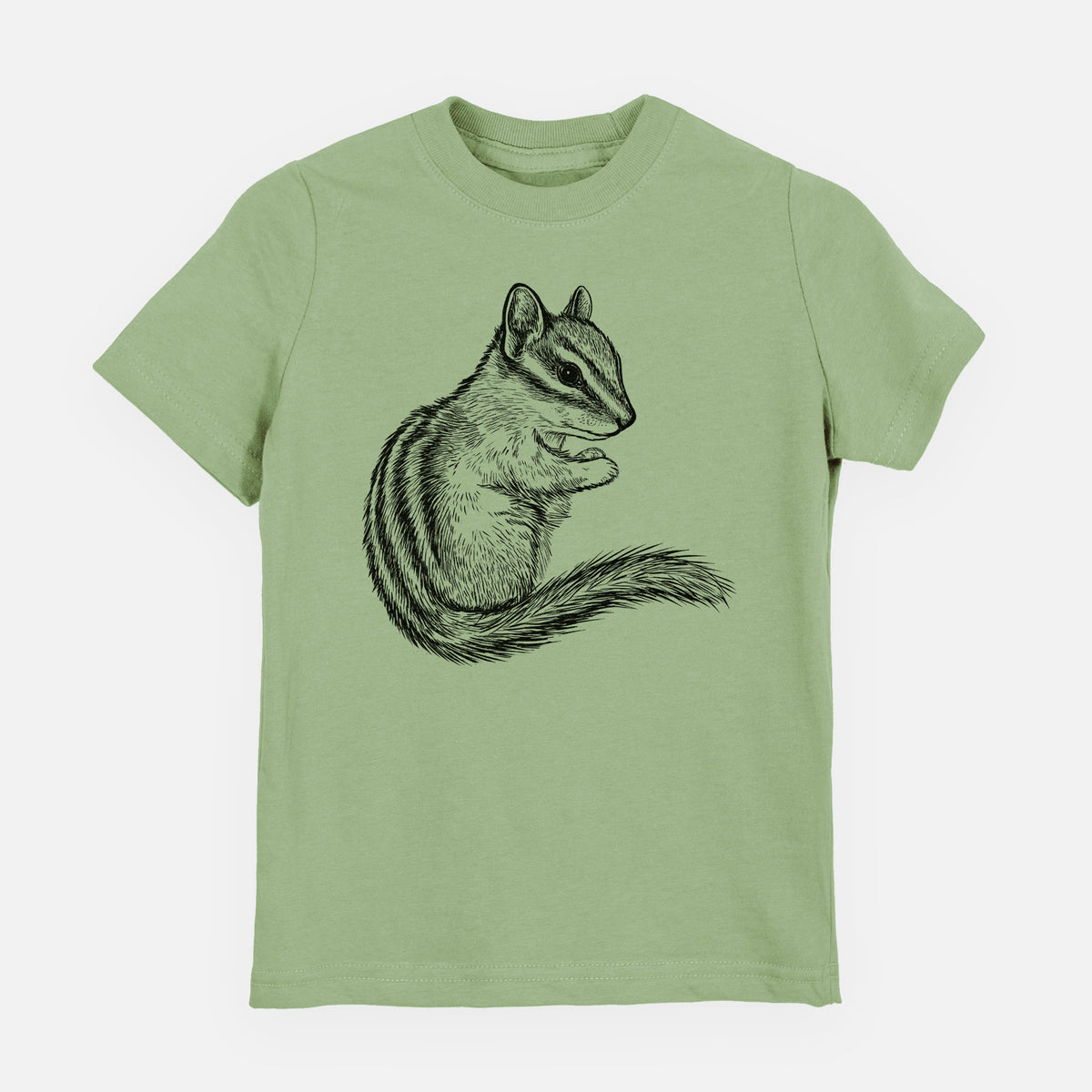 Sage green youth t-shirt laid flat, printed with a detailed black ink illustration of a least chipmunk sitting and holding food in its paws.