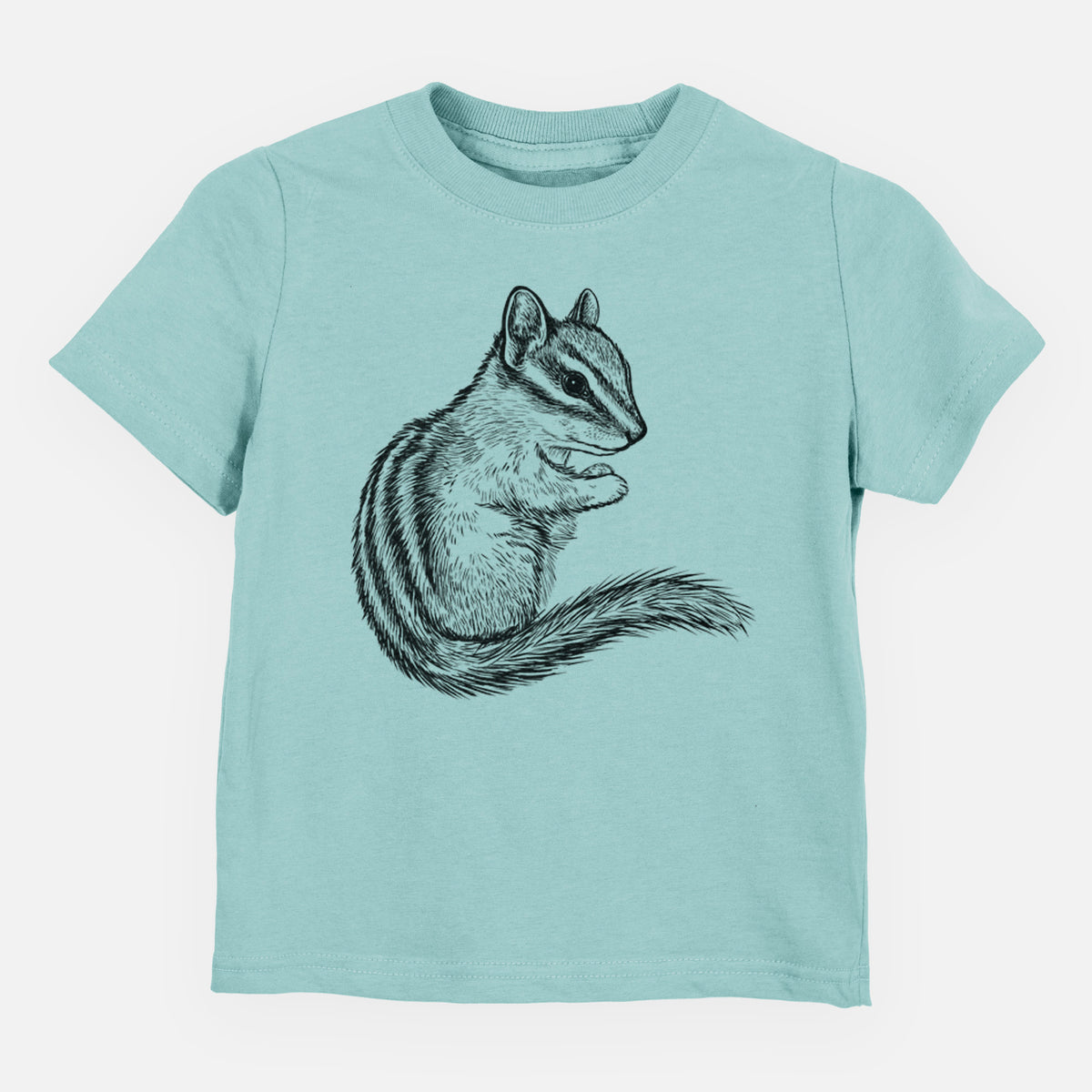 Saltwater toddler t-shirt laid flat, printed with a detailed black ink illustration of a least chipmunk sitting and holding food in its paws.