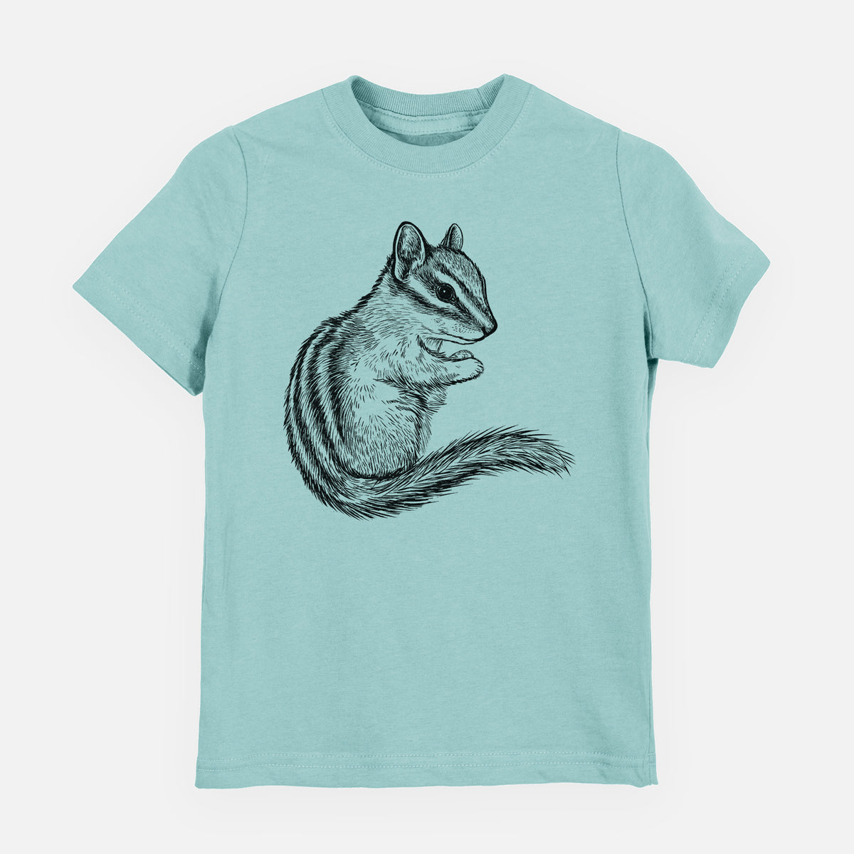 Saltwater youth t-shirt laid flat, printed with a detailed black ink illustration of a least chipmunk sitting and holding food in its paws.