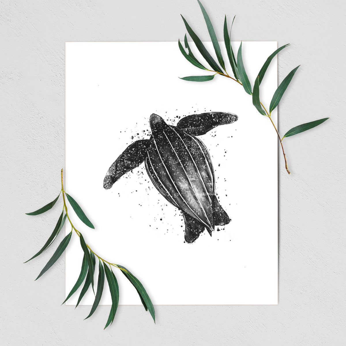 Art print of a black ink illustration of a leatherback sea turtle swimming, with ink splatters, shown with eucalyptus leaves.