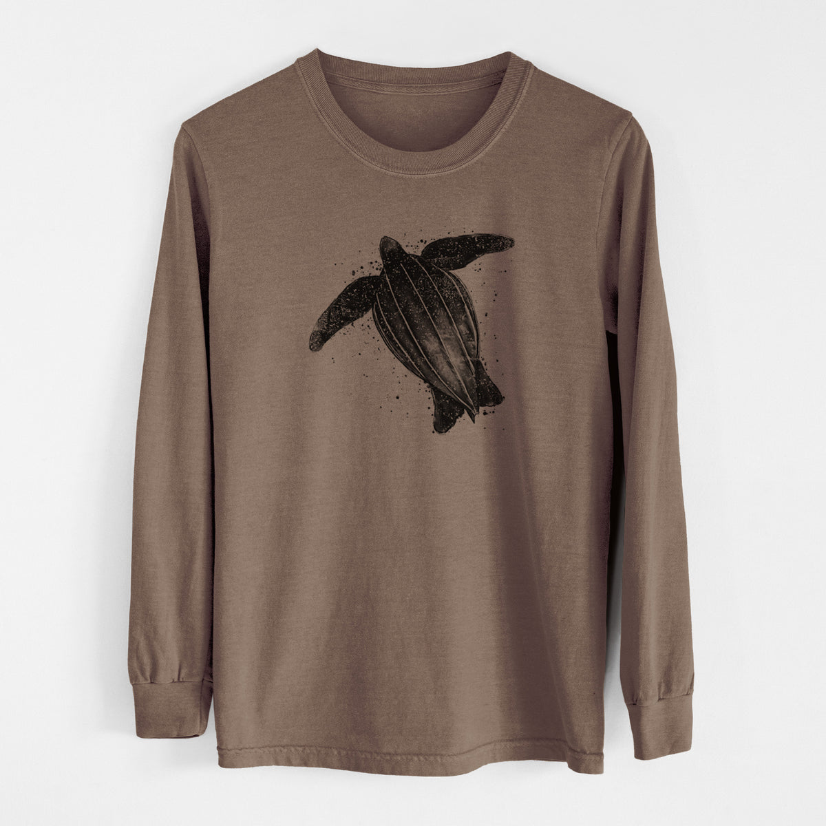 Espresso brown Comfort Colors long sleeve shirt laid flat, printed with a black ink illustration of a leatherback sea turtle swimming, with ink splatters.