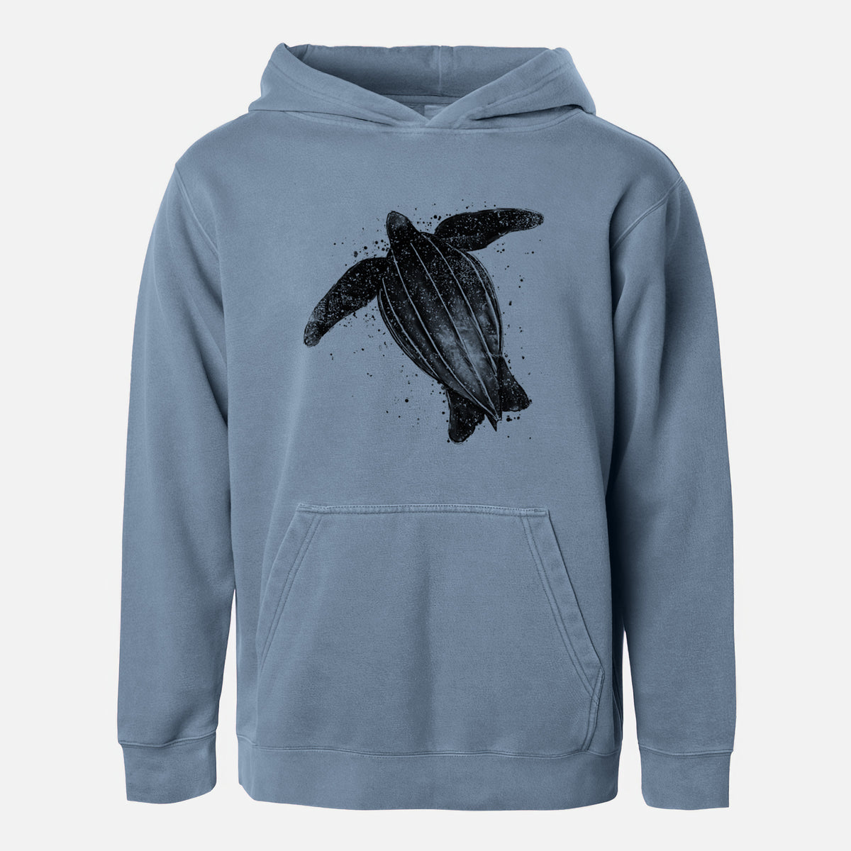 Slate blue youth pigment dyed hoodie laid flat, printed with a black ink illustration of a leatherback sea turtle swimming, with ink splatters.