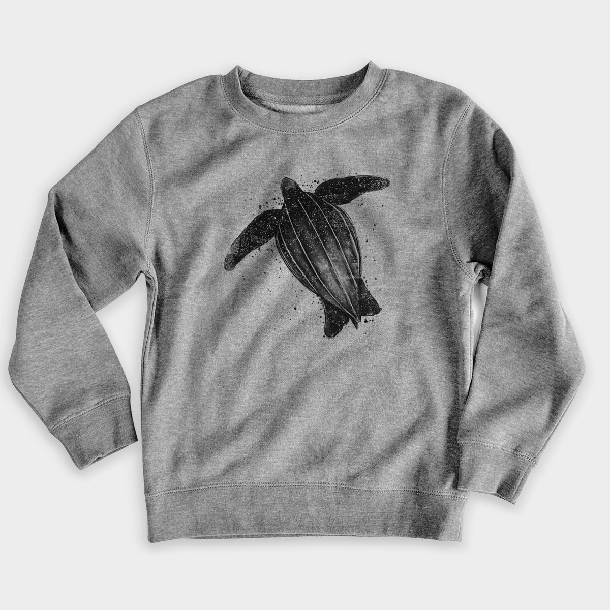 Nickel grey youth crewneck sweatshirt laid flat, printed with a black ink illustration of a leatherback sea turtle swimming, with ink splatters.