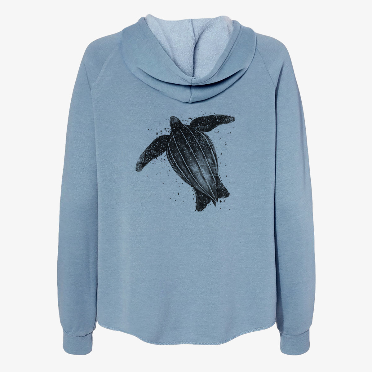 Misty blue women's Cali Wave zip-up sweatshirt laid flat, printed with a black ink illustration of a leatherback sea turtle swimming, with ink splatters.