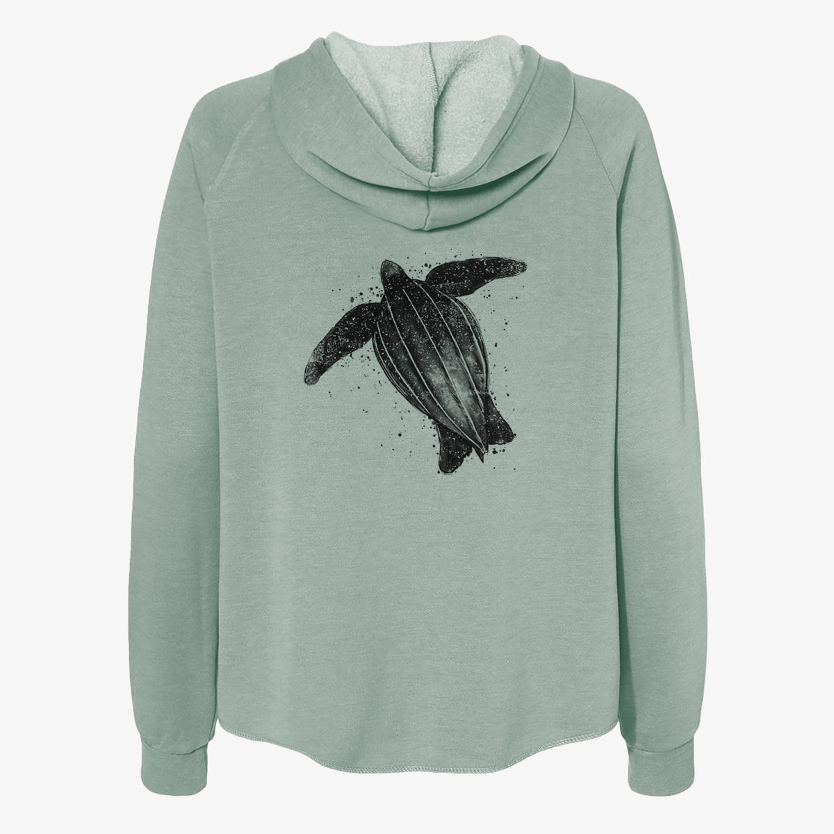 Sage green women's Cali Wave zip-up sweatshirt laid flat, printed with a black ink illustration of a leatherback sea turtle swimming, with ink splatters.