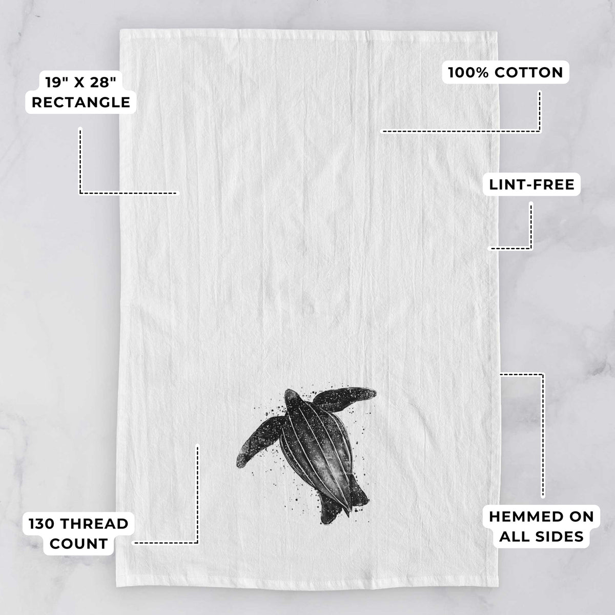 White tea towel printed with a black ink illustration of a leatherback sea turtle swimming, with ink splatters, with feature labels: 19 by 28 inch rectangle, 100% cotton, lint-free, 130 thread count, hemmed on all sides.