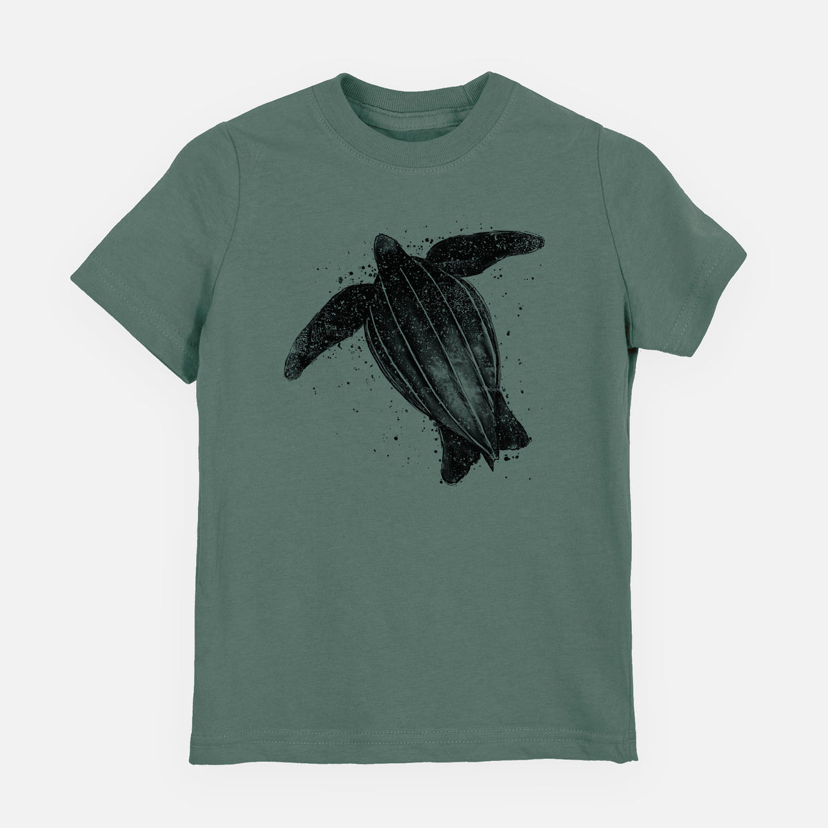 Basil green youth t-shirt laid flat, printed with a black ink illustration of a leatherback sea turtle swimming, with ink splatters.