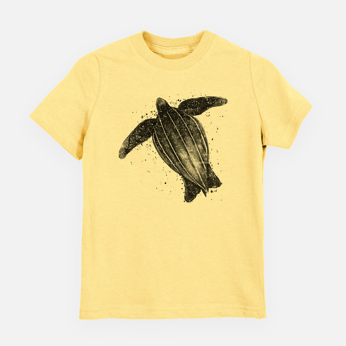 Butter yellow youth t-shirt laid flat, printed with a black ink illustration of a leatherback sea turtle swimming, with ink splatters.
