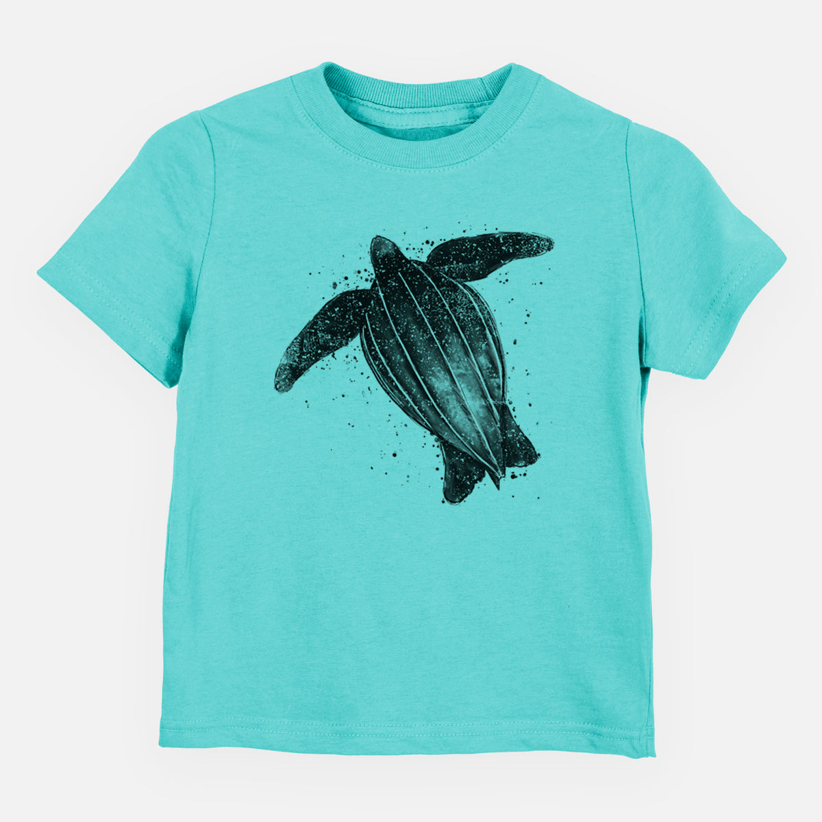 Caribbean blue toddler t-shirt laid flat, printed with a black ink illustration of a leatherback sea turtle swimming, with ink splatters.