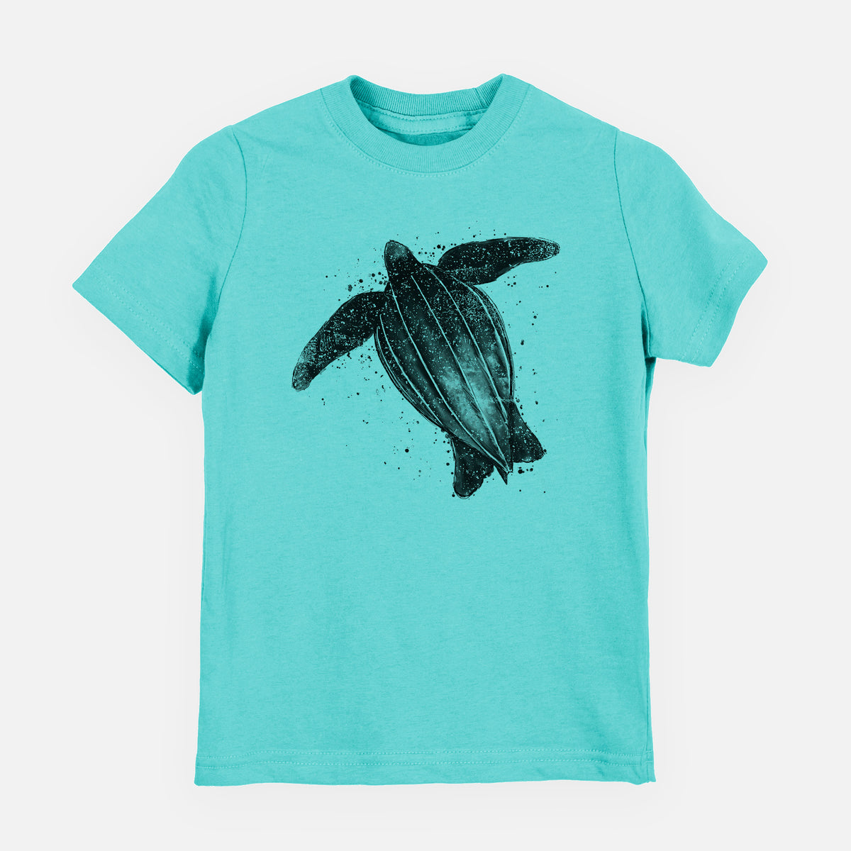Caribbean blue youth t-shirt laid flat, printed with a black ink illustration of a leatherback sea turtle swimming, with ink splatters.