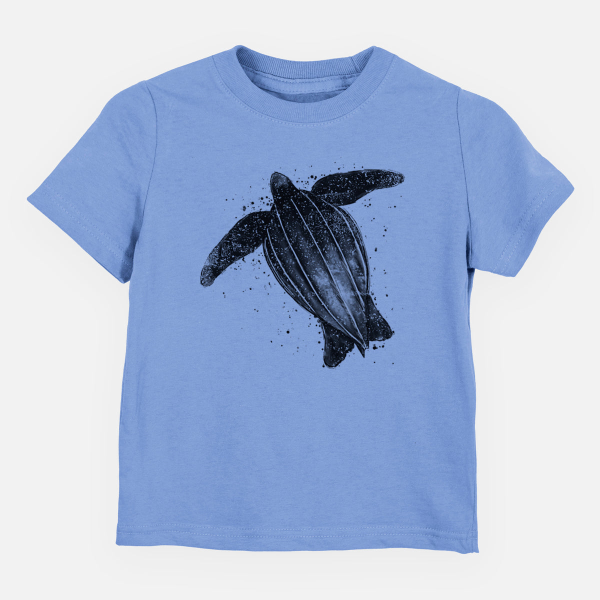 Carolina blue toddler t-shirt laid flat, printed with a black ink illustration of a leatherback sea turtle swimming, with ink splatters.