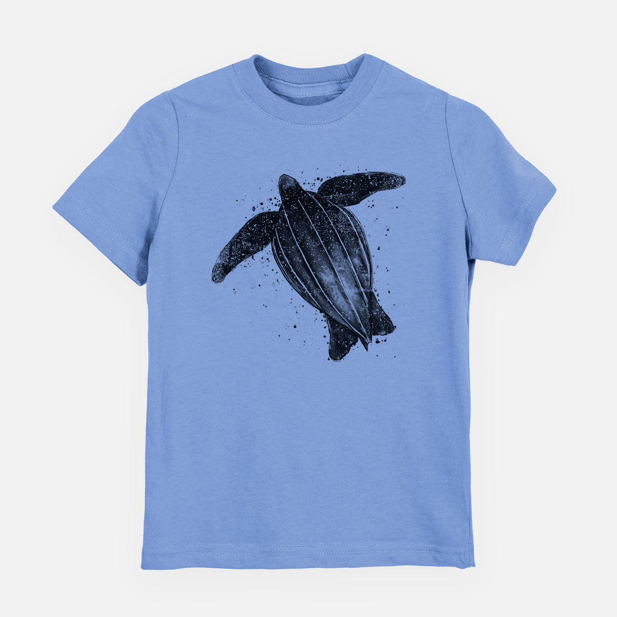 Carolina blue youth t-shirt laid flat, printed with a black ink illustration of a leatherback sea turtle swimming, with ink splatters.