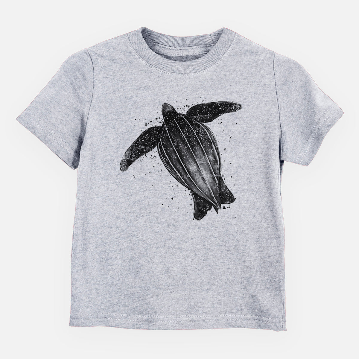 Heather grey toddler t-shirt laid flat, printed with a black ink illustration of a leatherback sea turtle swimming, with ink splatters.