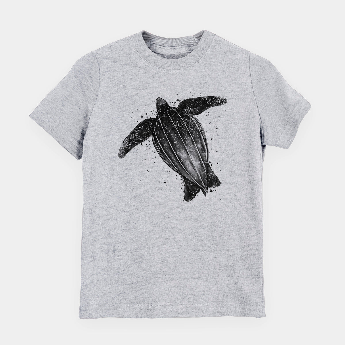 Heather grey youth t-shirt laid flat, printed with a black ink illustration of a leatherback sea turtle swimming, with ink splatters.
