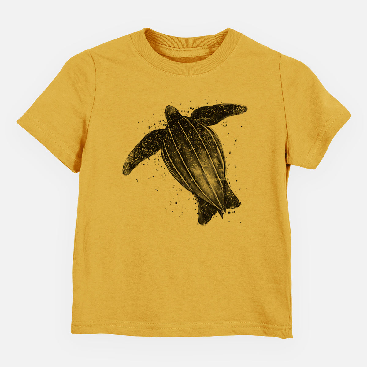 Honeycomb yellow toddler t-shirt laid flat, printed with a black ink illustration of a leatherback sea turtle swimming, with ink splatters.