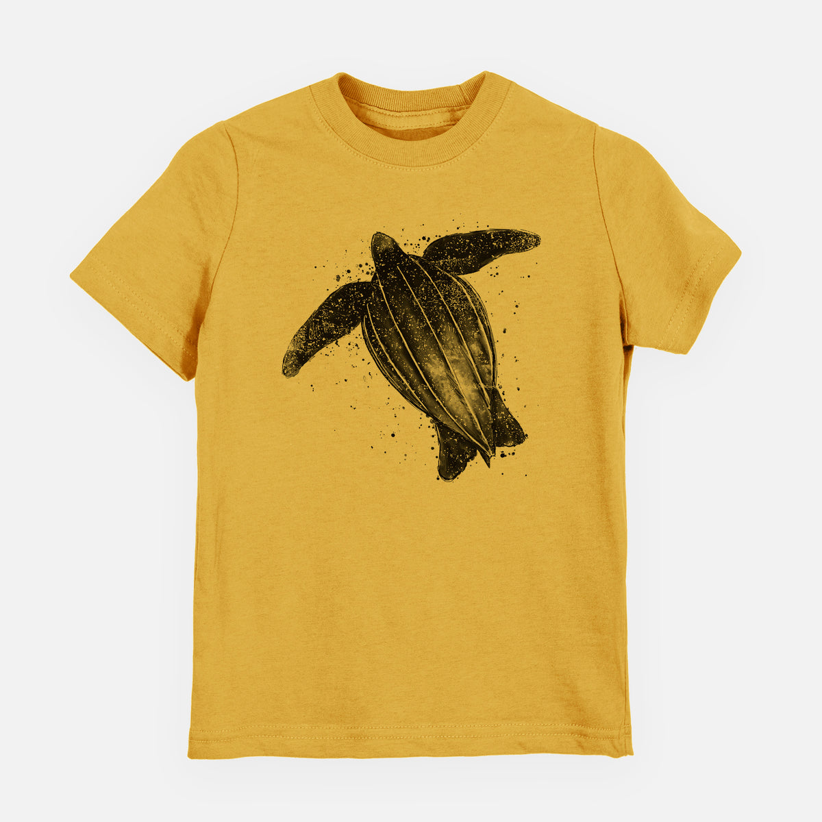 Honeycomb yellow youth t-shirt laid flat, printed with a black ink illustration of a leatherback sea turtle swimming, with ink splatters.