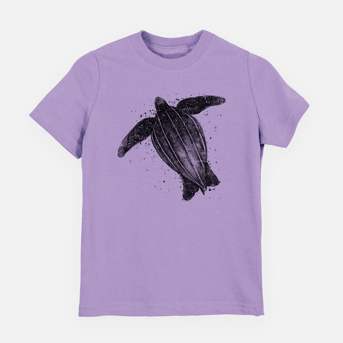 Lavender youth t-shirt laid flat, printed with a black ink illustration of a leatherback sea turtle swimming, with ink splatters.