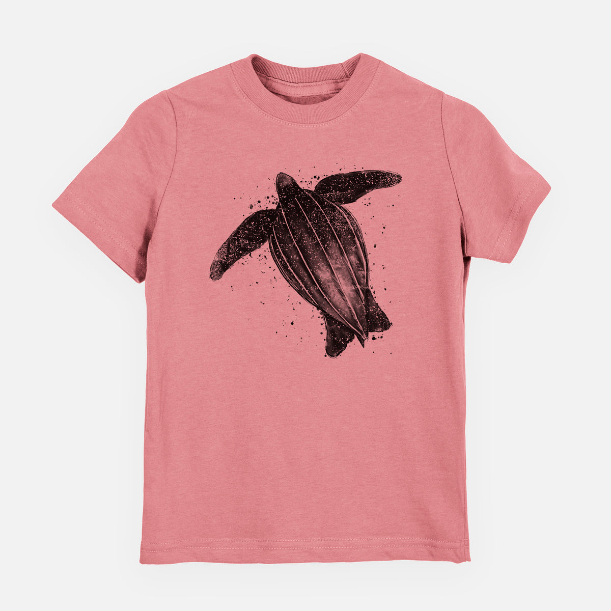 Mauve pink youth t-shirt laid flat, printed with a black ink illustration of a leatherback sea turtle swimming, with ink splatters.