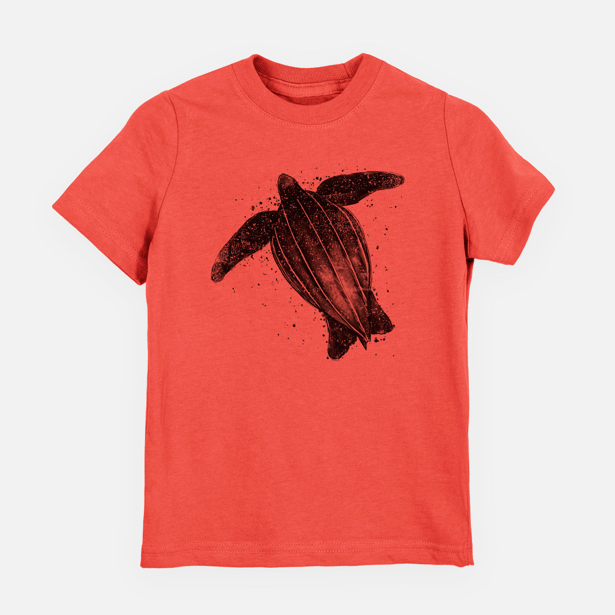 Passionfruit pink youth t-shirt laid flat, printed with a black ink illustration of a leatherback sea turtle swimming, with ink splatters.