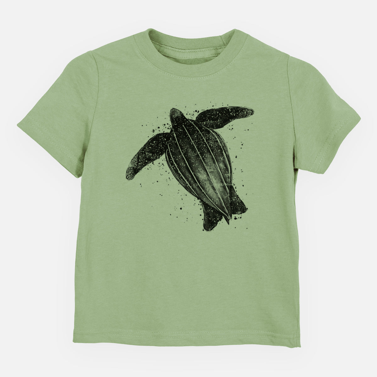 Sage green toddler t-shirt laid flat, printed with a black ink illustration of a leatherback sea turtle swimming, with ink splatters.
