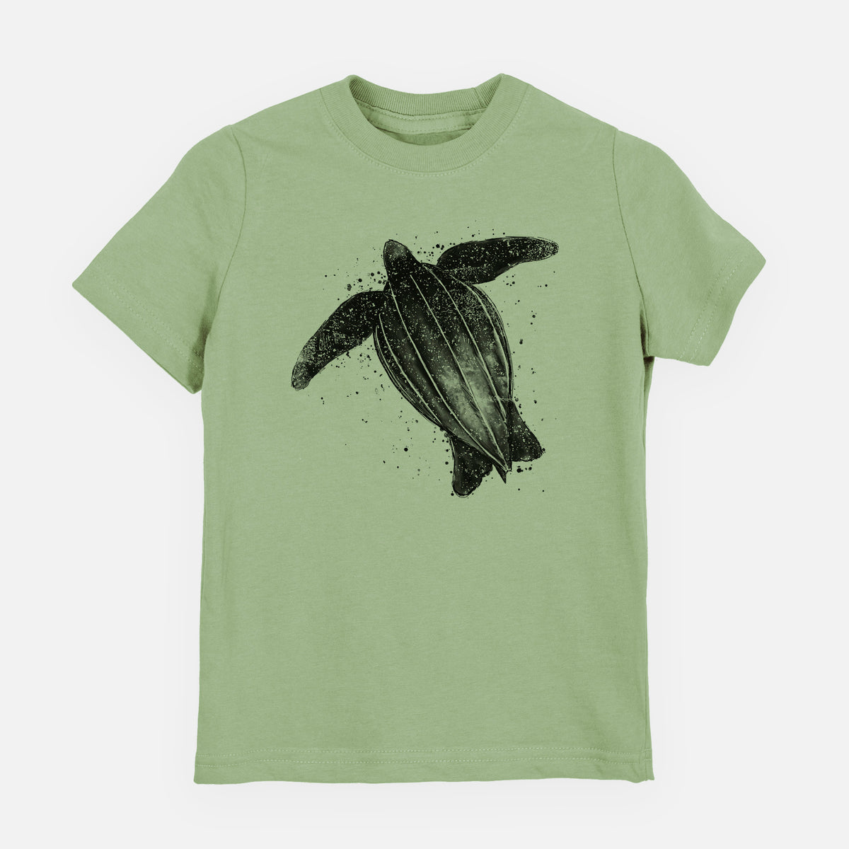 Sage green youth t-shirt laid flat, printed with a black ink illustration of a leatherback sea turtle swimming, with ink splatters.