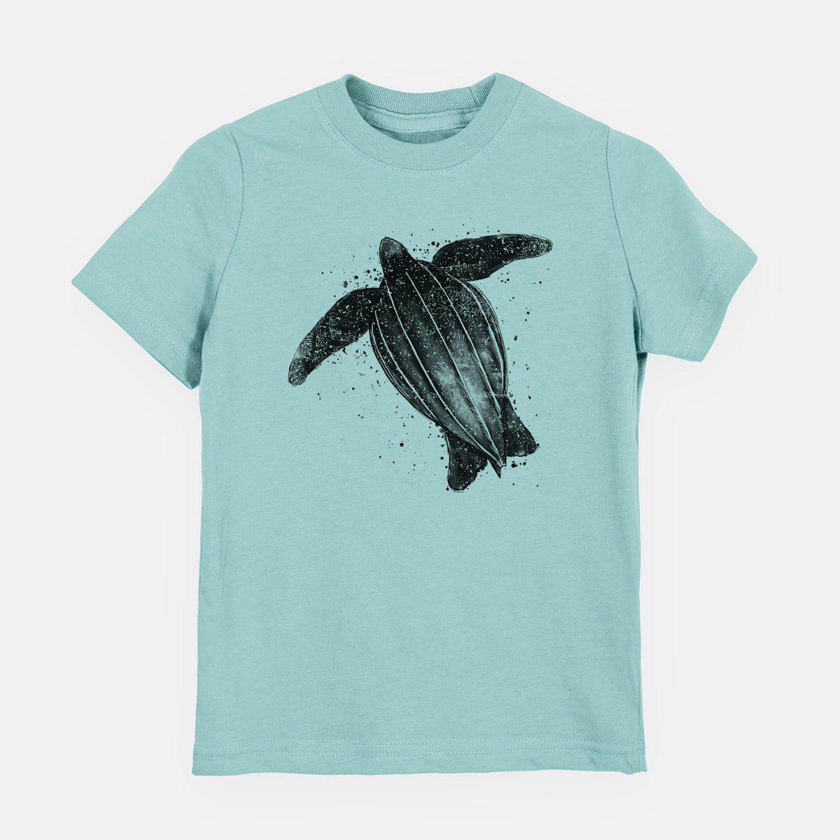 Saltwater youth t-shirt laid flat, printed with a black ink illustration of a leatherback sea turtle swimming, with ink splatters.