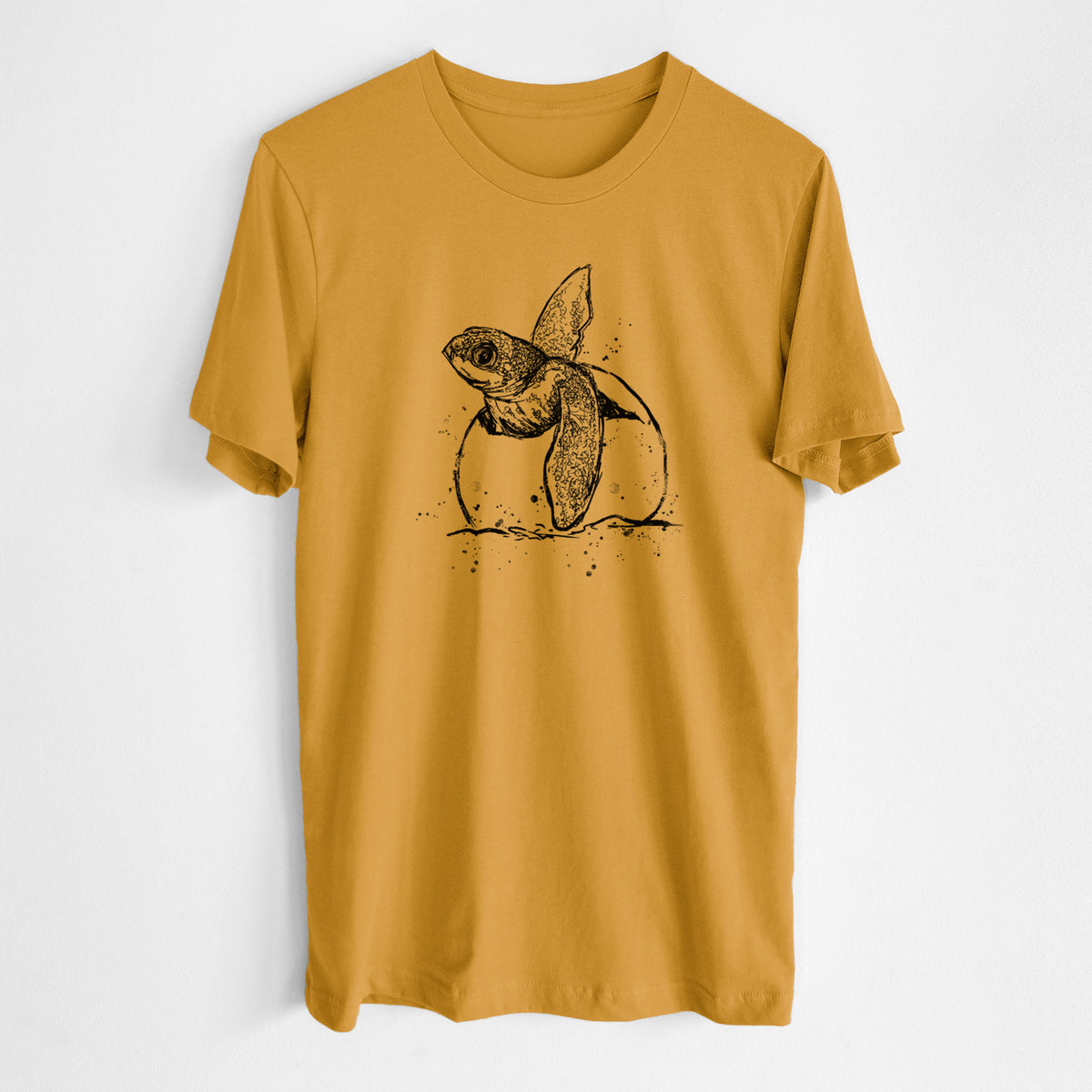 Honeycomb yellow lightweight cotton t-shirt laid flat, printed with a black ink illustration of a leatherback sea turtle hatchling emerging from its egg.