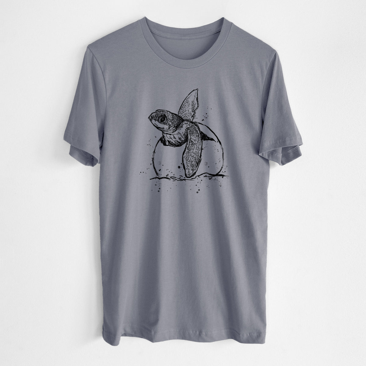 Storm grey lightweight cotton t-shirt laid flat, printed with a black ink illustration of a leatherback sea turtle hatchling emerging from its egg.