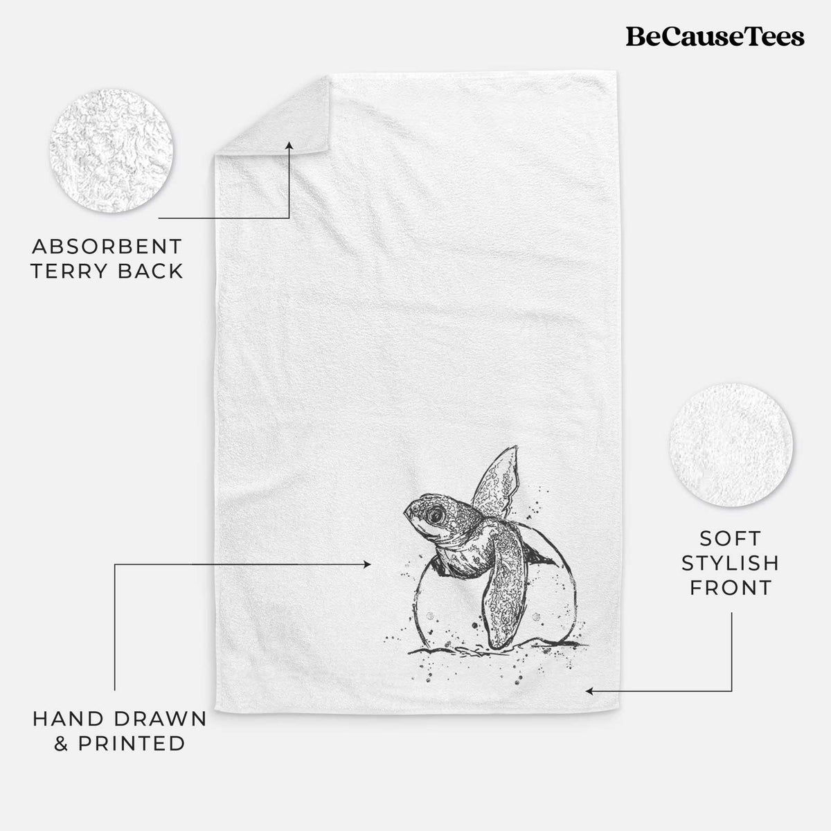 White hand towel printed with a black ink illustration of a leatherback sea turtle hatchling emerging from its egg.
