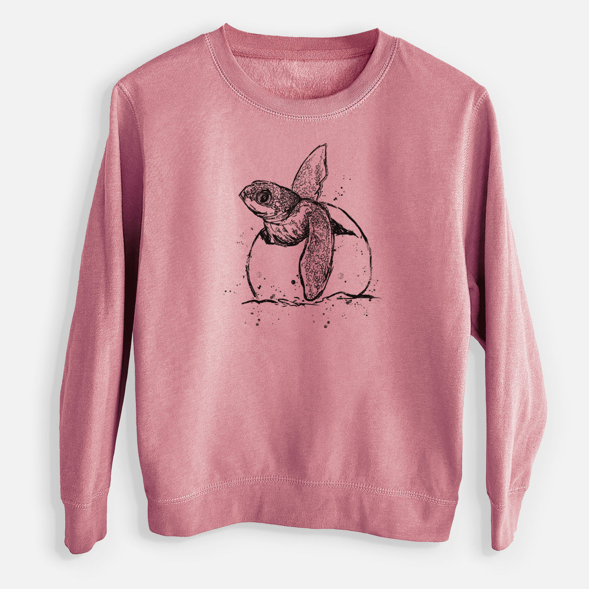 Mauve pink youth crewneck sweatshirt laid flat, printed with a black ink illustration of a leatherback sea turtle hatchling emerging from its egg.