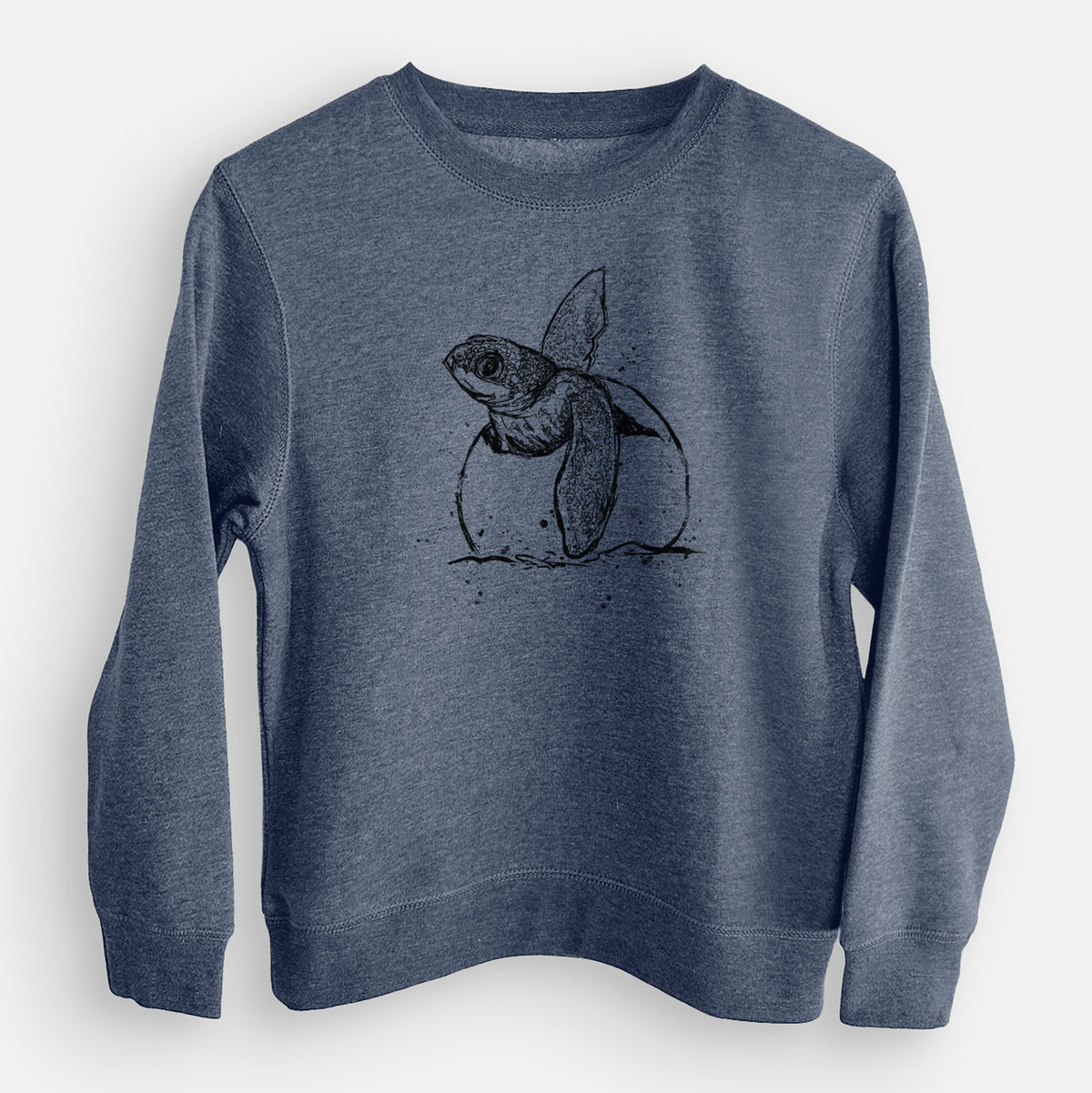 Storm blue youth crewneck sweatshirt laid flat, printed with a black ink illustration of a leatherback sea turtle hatchling emerging from its egg.