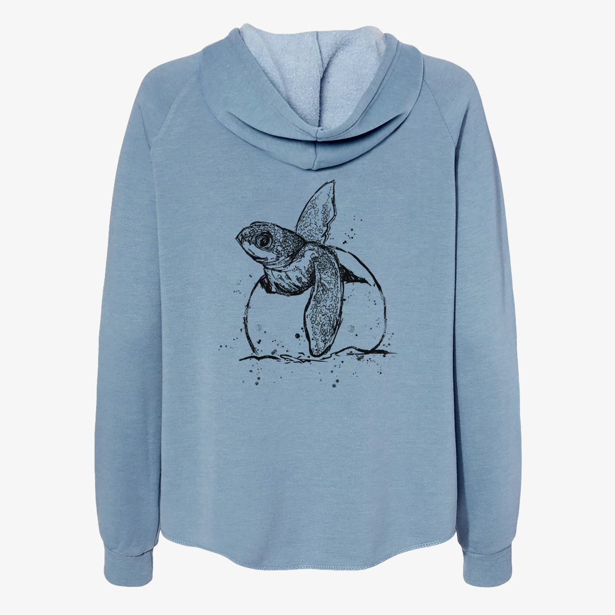 Misty blue women's Cali Wave zip-up sweatshirt laid flat, printed with a black ink illustration of a leatherback sea turtle hatchling emerging from its egg.