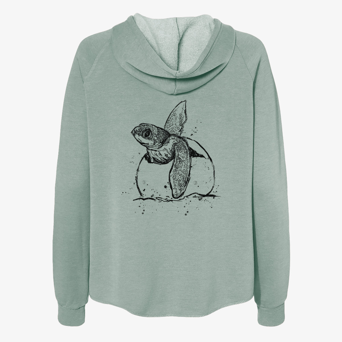 Sage green women's Cali Wave zip-up sweatshirt laid flat, printed with a black ink illustration of a leatherback sea turtle hatchling emerging from its egg.