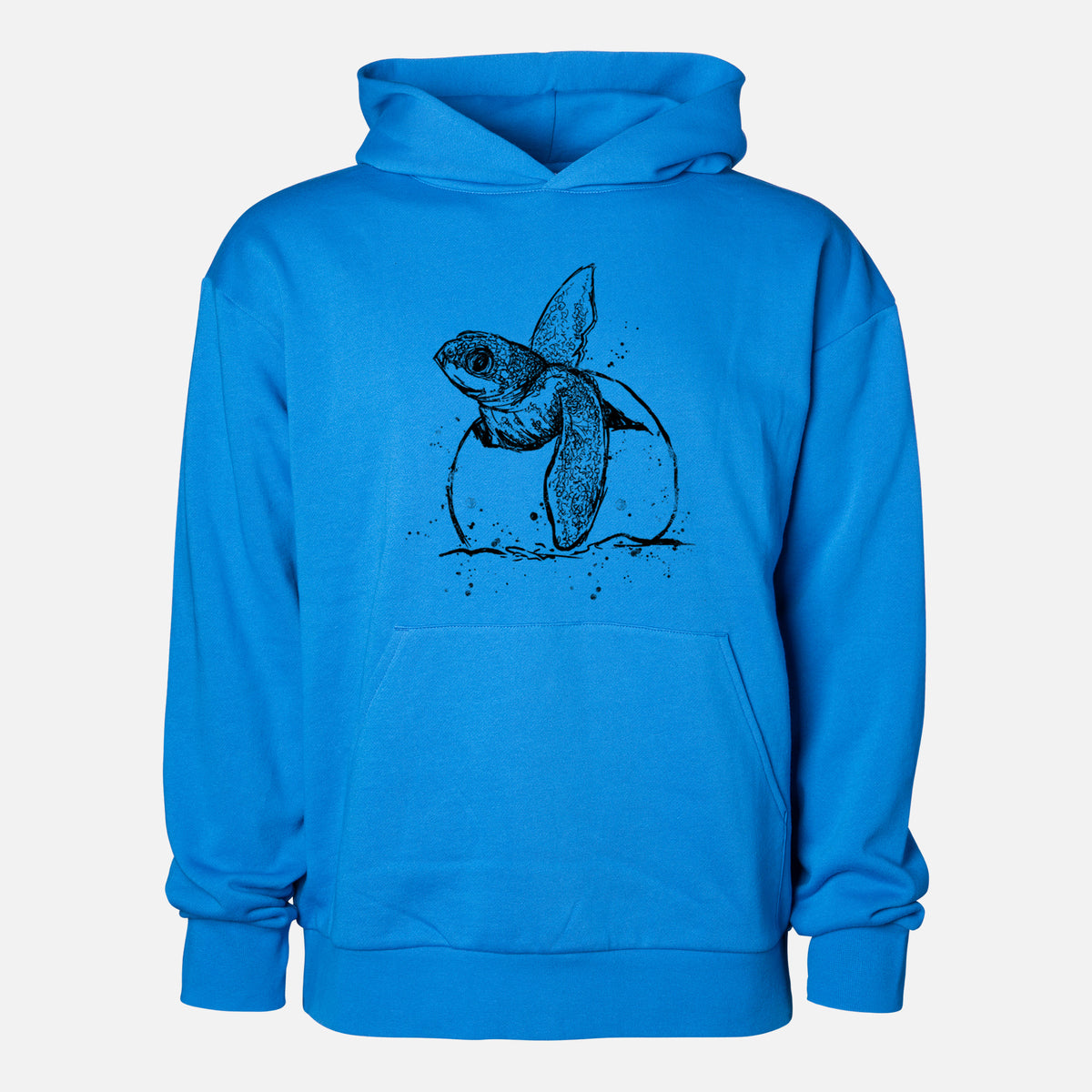 Leatherback Turtle Hatching - Statement Midweight Hoodie in Azure Blue, shown from the front with the design printed on the chest above a front kangaroo pocket.