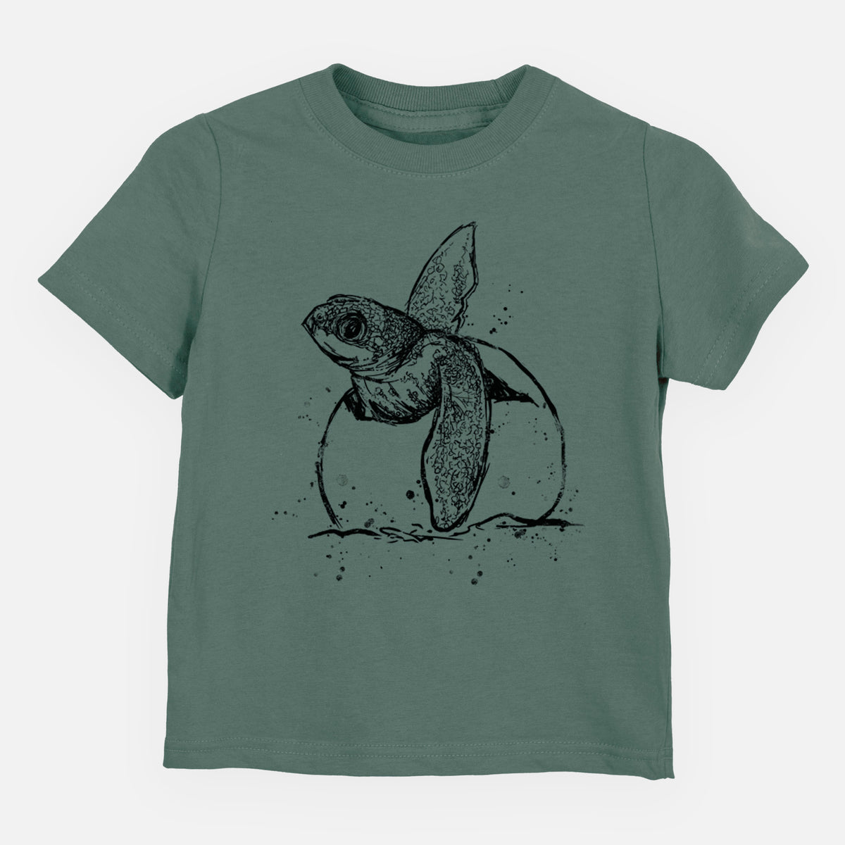 Basil green toddler t-shirt laid flat, printed with a black ink illustration of a leatherback sea turtle hatchling emerging from its egg.