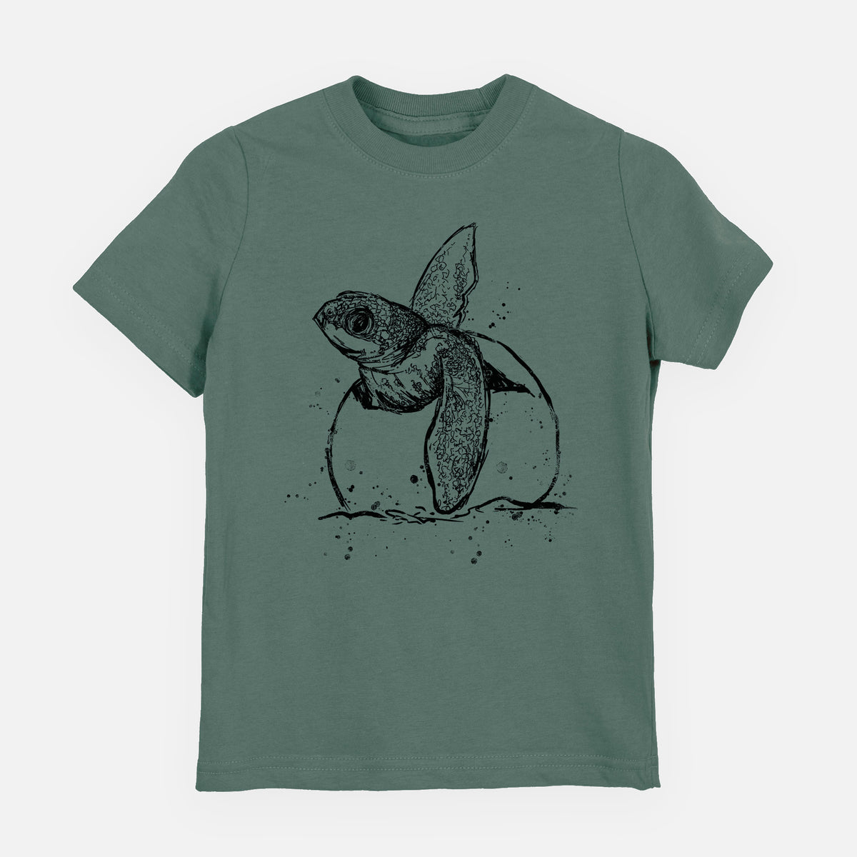 Basil green youth t-shirt laid flat, printed with a black ink illustration of a leatherback sea turtle hatchling emerging from its egg.