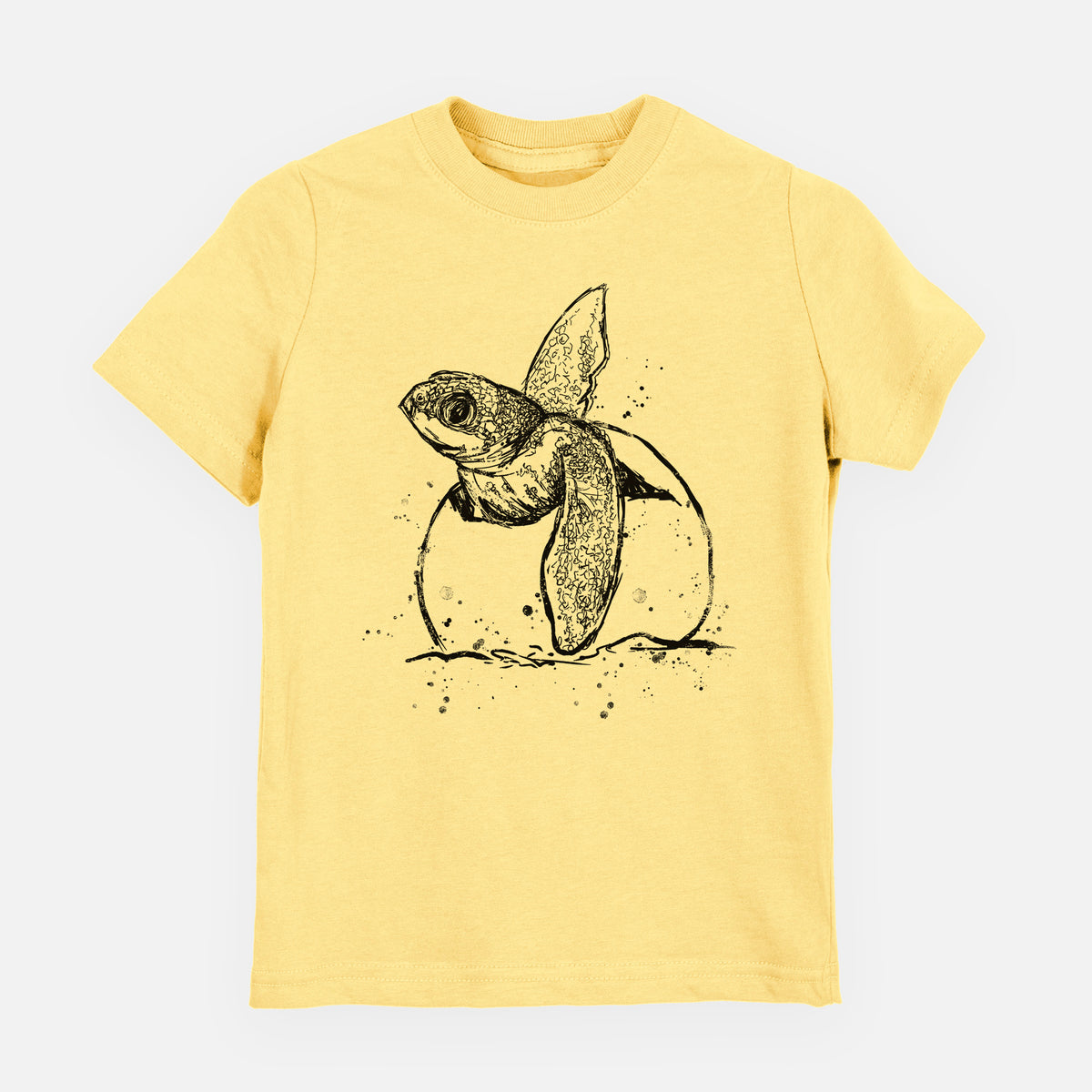 Butter yellow youth t-shirt laid flat, printed with a black ink illustration of a leatherback sea turtle hatchling emerging from its egg.