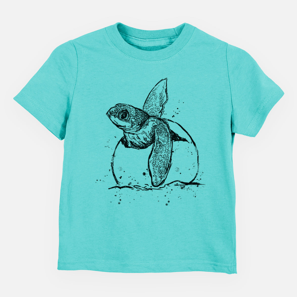 Caribbean blue toddler t-shirt laid flat, printed with a black ink illustration of a leatherback sea turtle hatchling emerging from its egg.