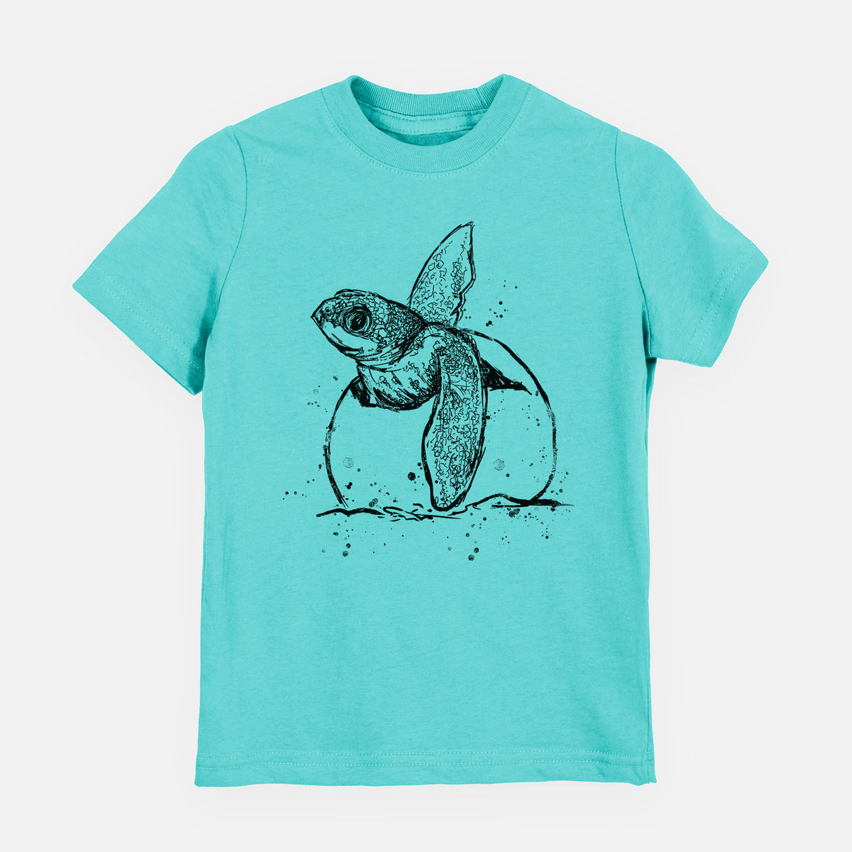 Caribbean blue youth t-shirt laid flat, printed with a black ink illustration of a leatherback sea turtle hatchling emerging from its egg.