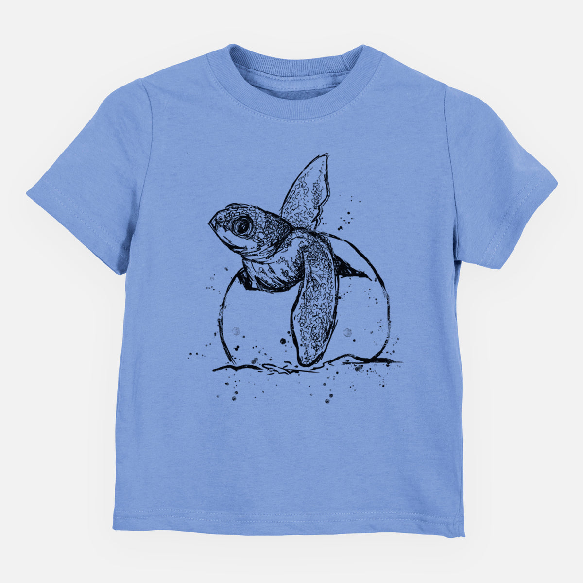 Carolina blue toddler t-shirt laid flat, printed with a black ink illustration of a leatherback sea turtle hatchling emerging from its egg.