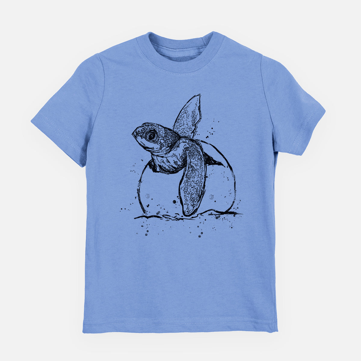 Carolina blue youth t-shirt laid flat, printed with a black ink illustration of a leatherback sea turtle hatchling emerging from its egg.