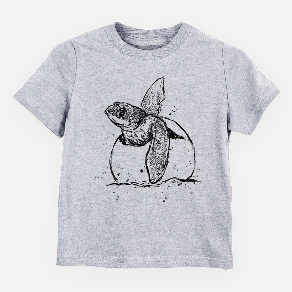 Heather grey toddler t-shirt laid flat, printed with a black ink illustration of a leatherback sea turtle hatchling emerging from its egg.