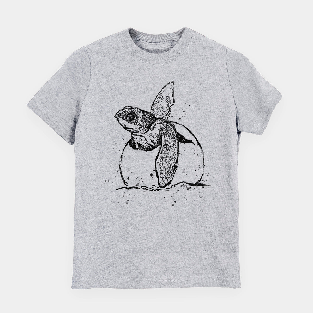 Heather grey youth t-shirt laid flat, printed with a black ink illustration of a leatherback sea turtle hatchling emerging from its egg.